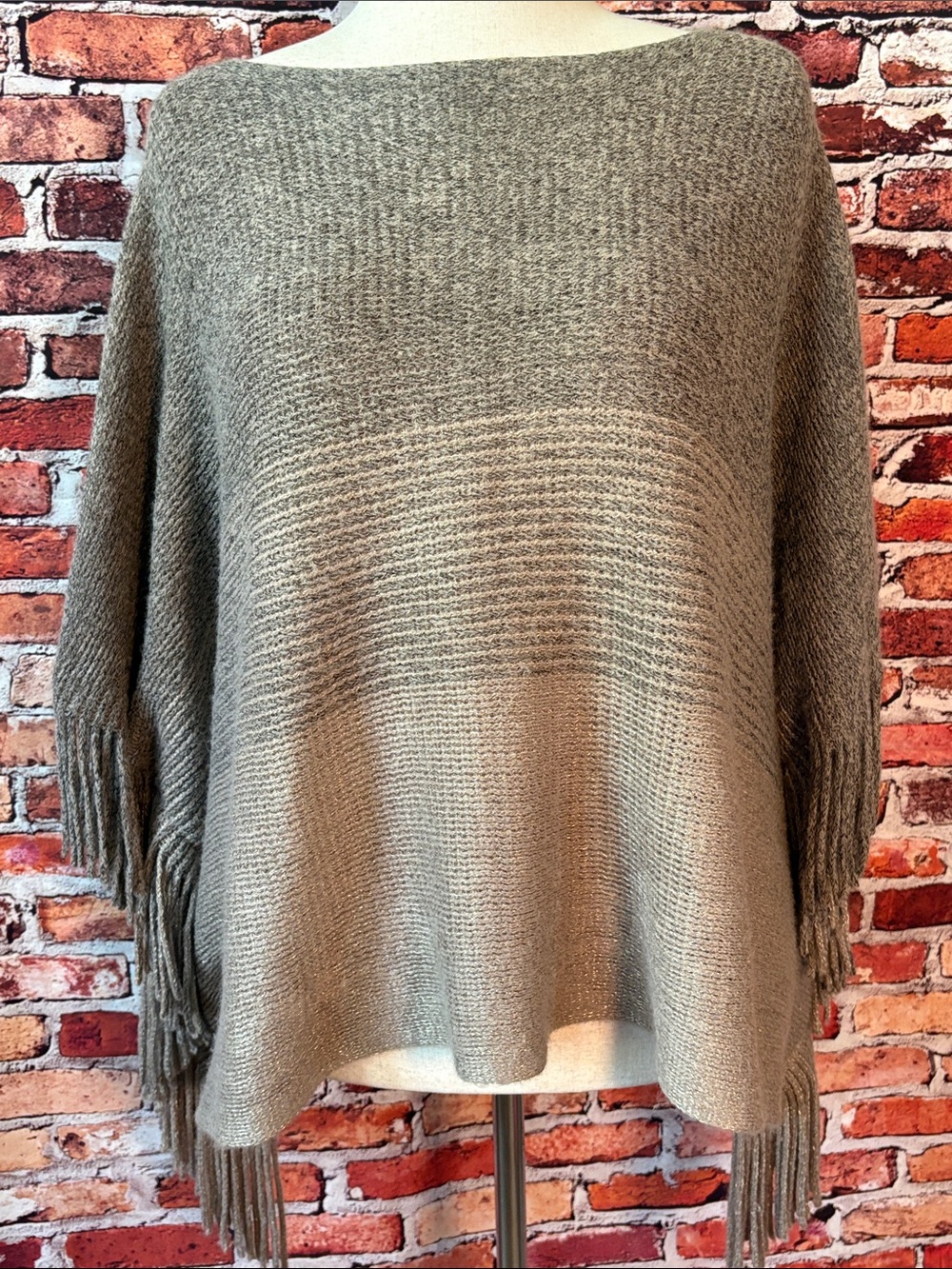 Crosstree Lane Fringed Tri-Color Taupe Knit Poncho Sweater Women's Layering Top